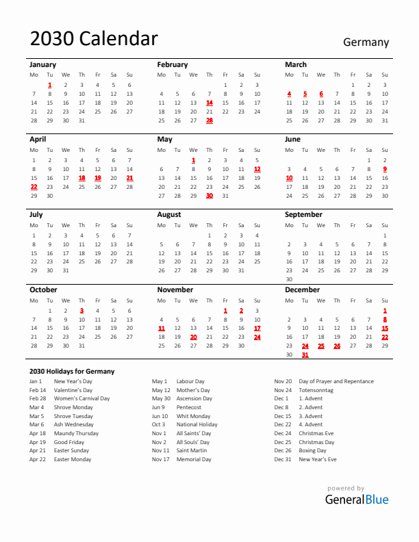 Standard Holiday Calendar for 2030 with Germany Holidays