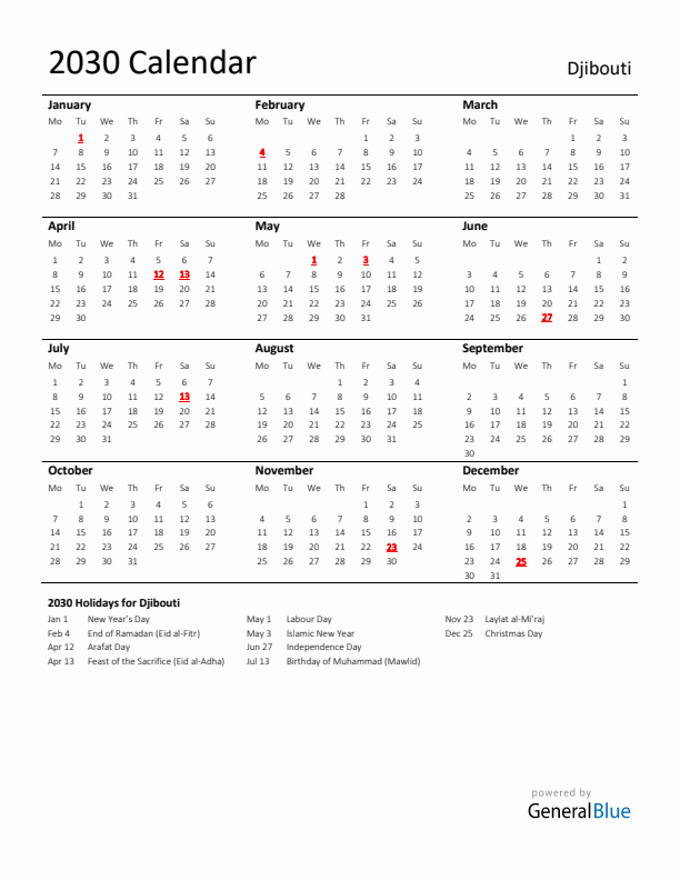 Standard Holiday Calendar for 2030 with Djibouti Holidays 
