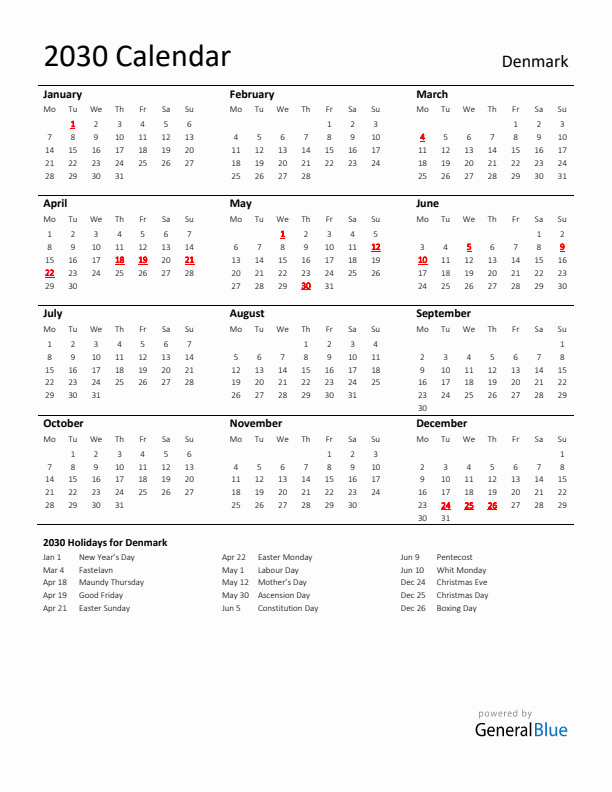 Standard Holiday Calendar for 2030 with Denmark Holidays