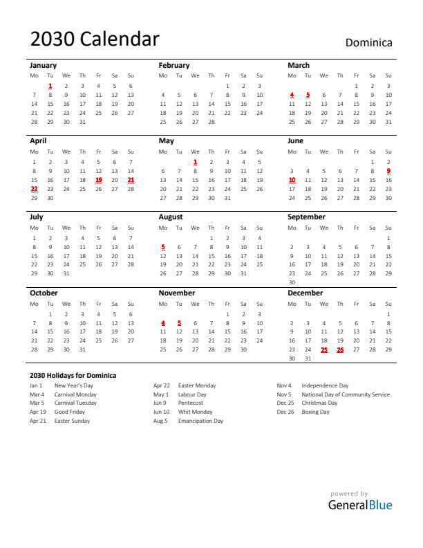 Standard Holiday Calendar for 2030 with Dominica Holidays