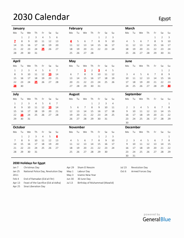 Standard Holiday Calendar for 2030 with Egypt Holidays 