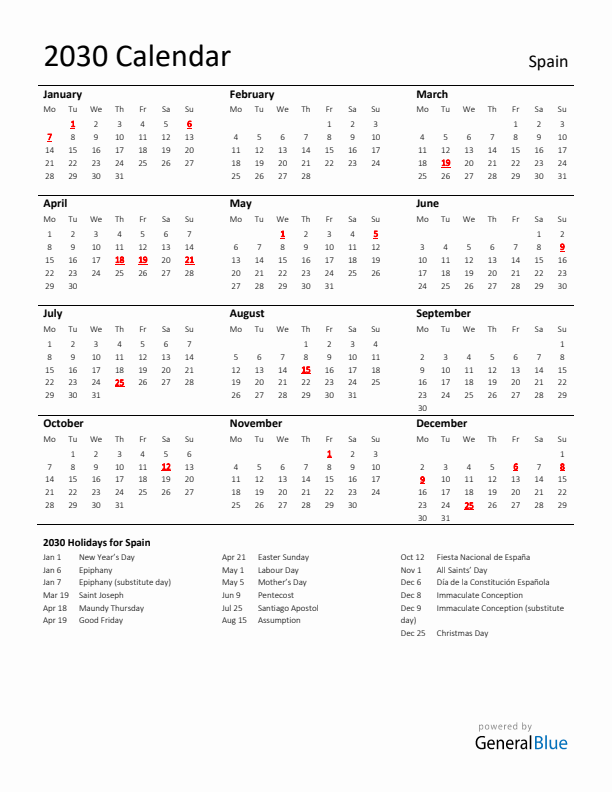Standard Holiday Calendar for 2030 with Spain Holidays