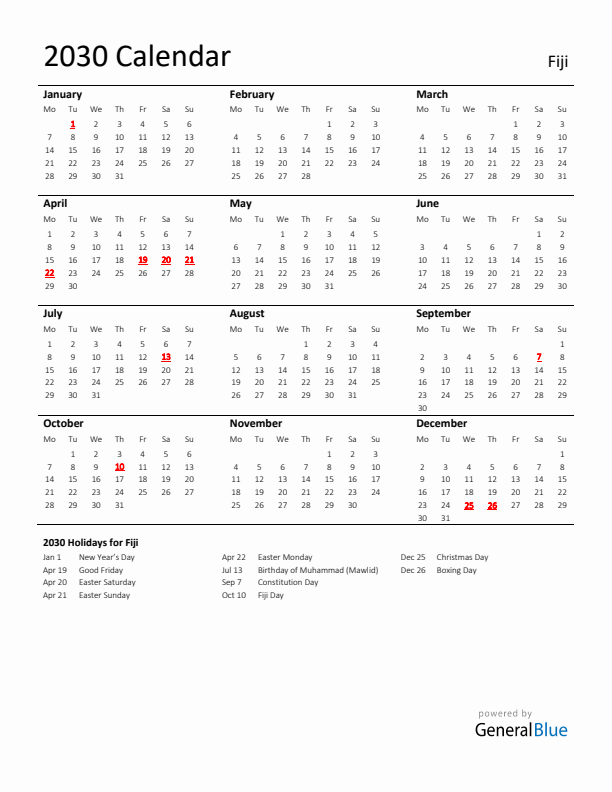 Standard Holiday Calendar for 2030 with Fiji Holidays 