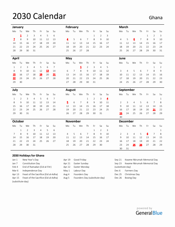 Standard Holiday Calendar for 2030 with Ghana Holidays 