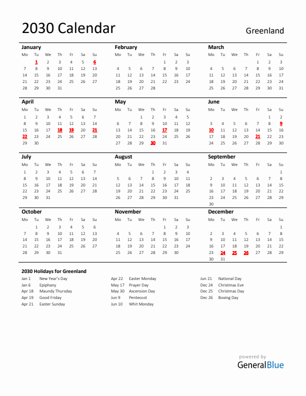Standard Holiday Calendar for 2030 with Greenland Holidays