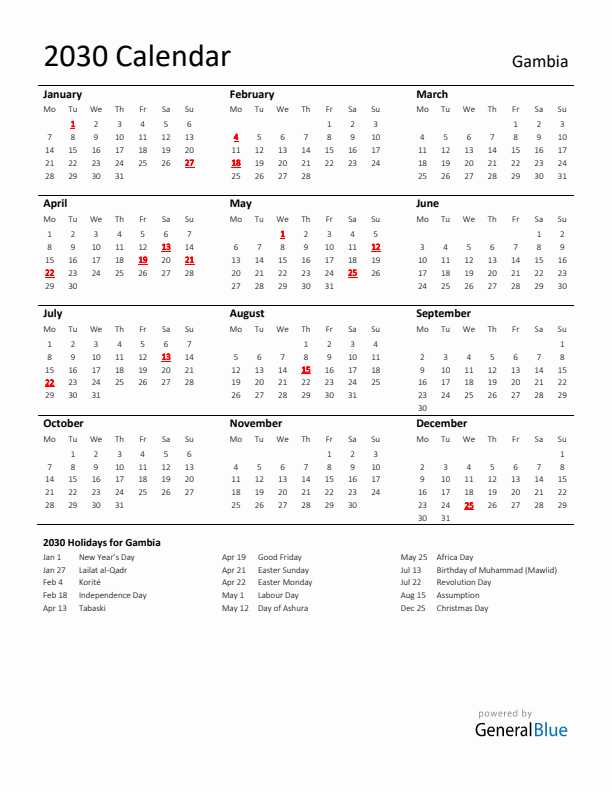 Standard Holiday Calendar for 2030 with Gambia Holidays 