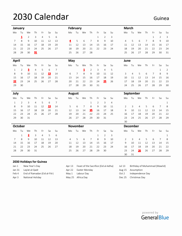 Standard Holiday Calendar for 2030 with Guinea Holidays 