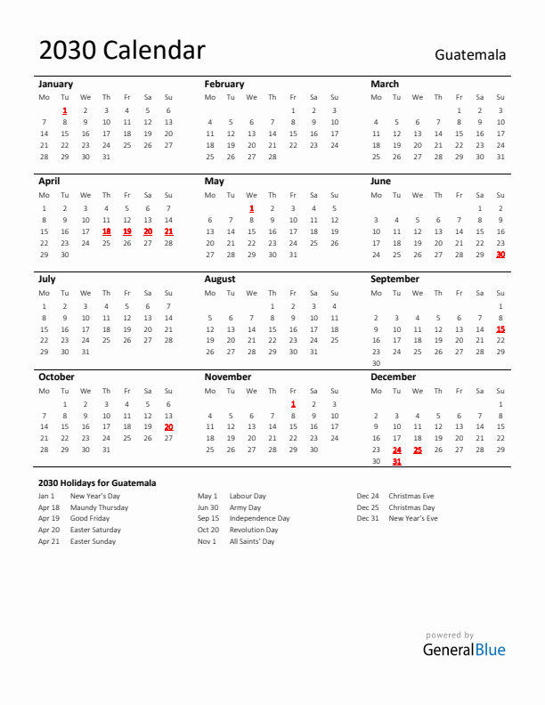 Standard Holiday Calendar for 2030 with Guatemala Holidays