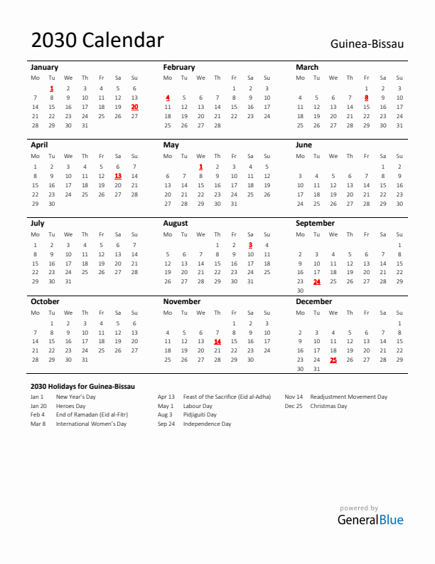 Standard Holiday Calendar for 2030 with Guinea-Bissau Holidays 