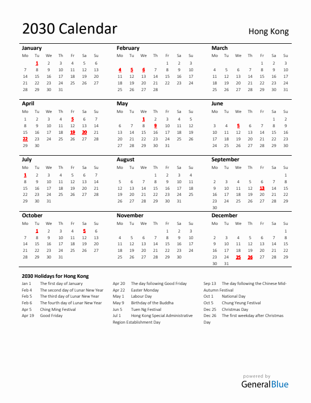 Standard Holiday Calendar for 2030 with Hong Kong Holidays 