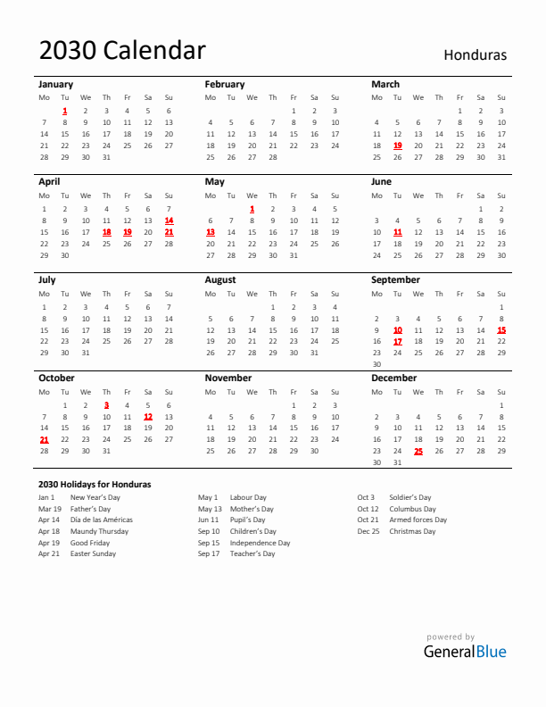 Standard Holiday Calendar for 2030 with Honduras Holidays