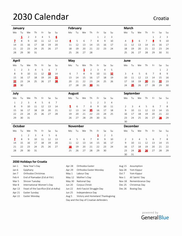 Standard Holiday Calendar for 2030 with Croatia Holidays