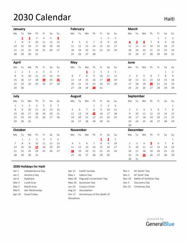 Standard Holiday Calendar for 2030 with Haiti Holidays