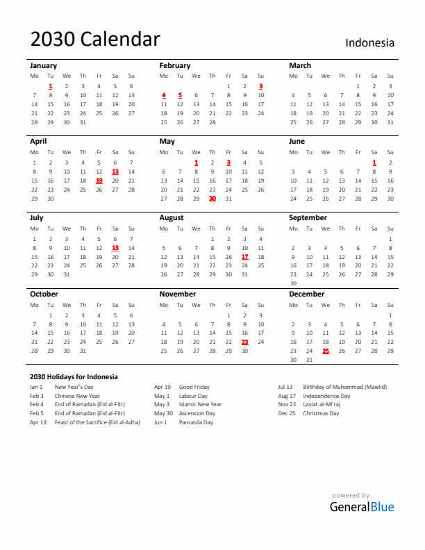 Standard Holiday Calendar for 2030 with Indonesia Holidays 