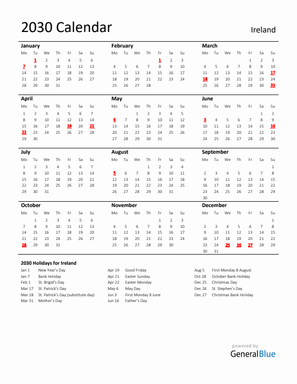 Standard Holiday Calendar for 2030 with Ireland Holidays