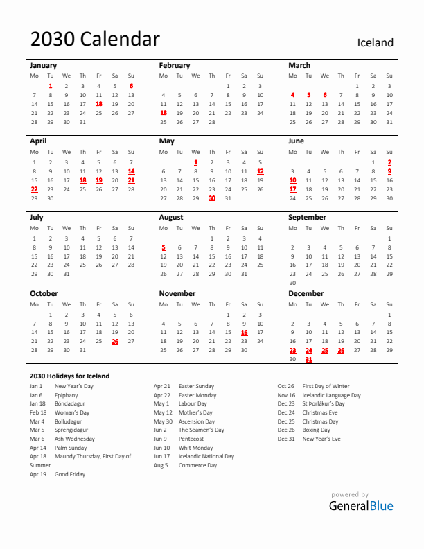 Standard Holiday Calendar for 2030 with Iceland Holidays