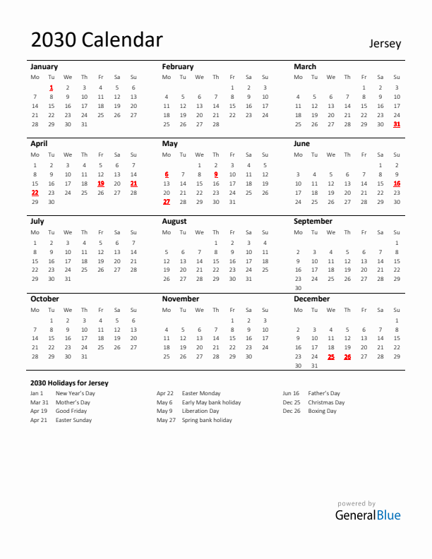 Standard Holiday Calendar for 2030 with Jersey Holidays