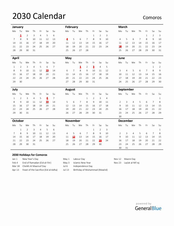 Standard Holiday Calendar for 2030 with Comoros Holidays 