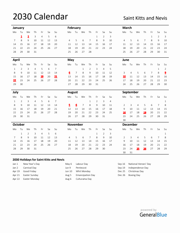 Standard Holiday Calendar for 2030 with Saint Kitts and Nevis Holidays 