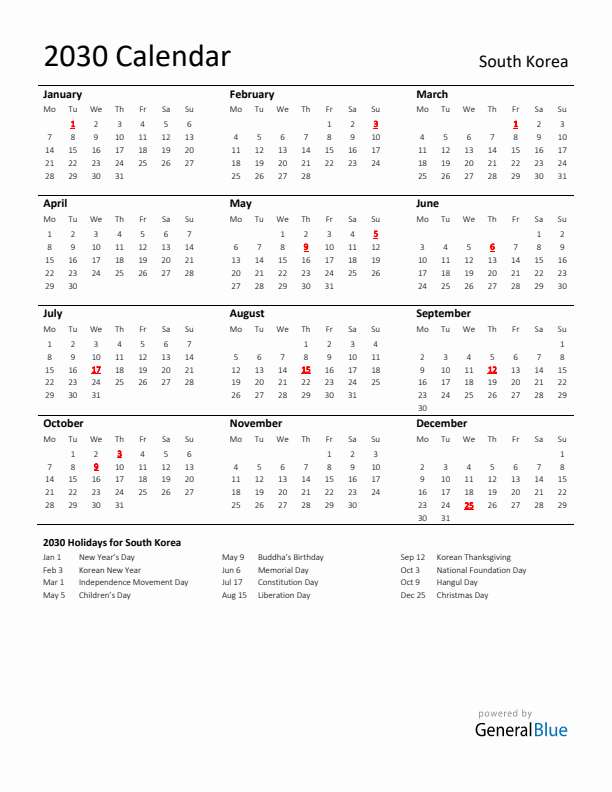Standard Holiday Calendar for 2030 with South Korea Holidays