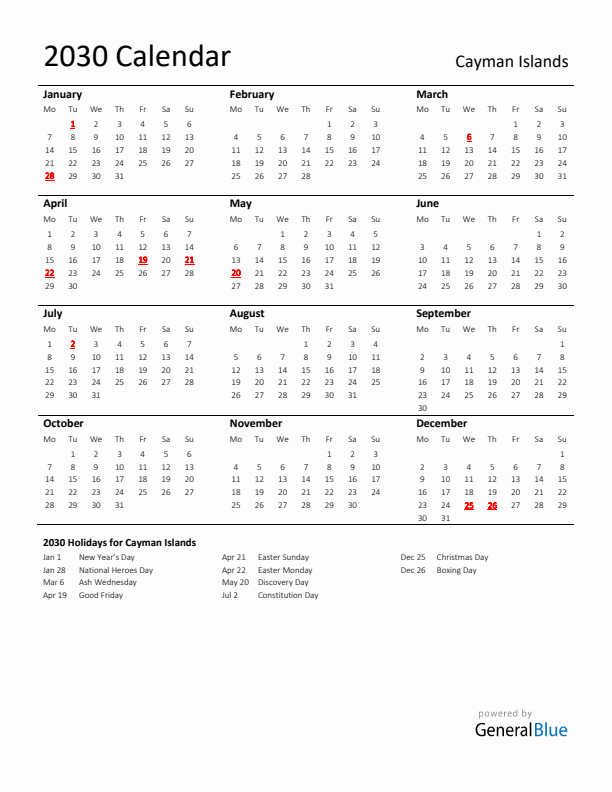 Standard Holiday Calendar for 2030 with Cayman Islands Holidays 
