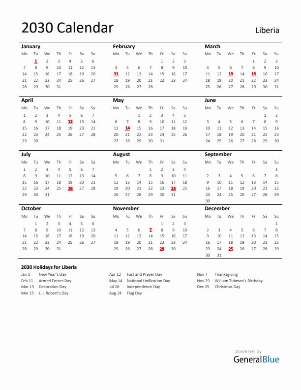 Standard Holiday Calendar for 2030 with Liberia Holidays 
