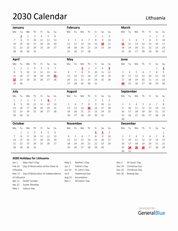 Standard Holiday Calendar for 2030 with Lithuania Holidays 