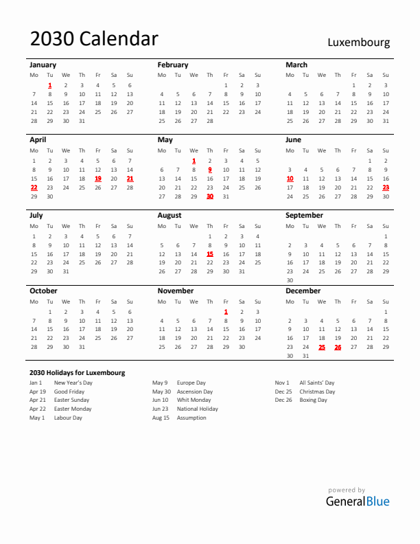 Standard Holiday Calendar for 2030 with Luxembourg Holidays
