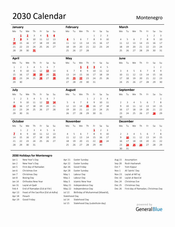 Standard Holiday Calendar for 2030 with Montenegro Holidays 
