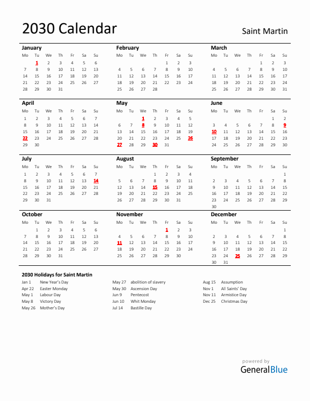 Standard Holiday Calendar for 2030 with Saint Martin Holidays 