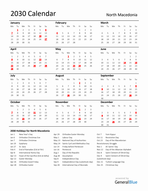 Standard Holiday Calendar for 2030 with North Macedonia Holidays 