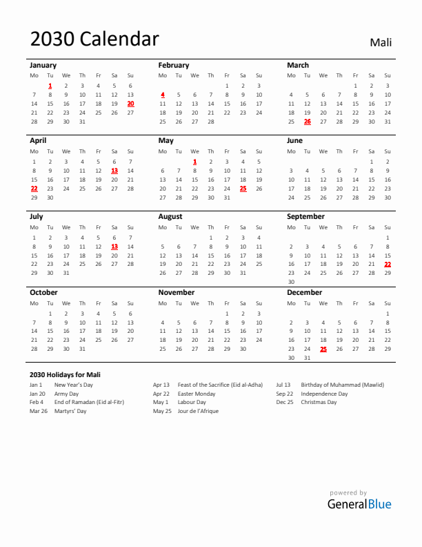Standard Holiday Calendar for 2030 with Mali Holidays 