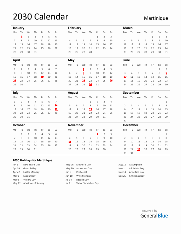 Standard Holiday Calendar for 2030 with Martinique Holidays