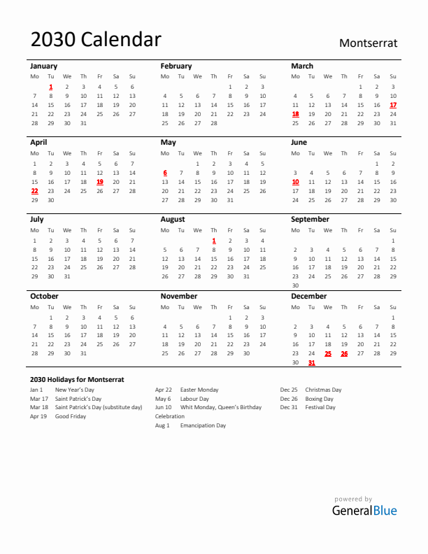 Standard Holiday Calendar for 2030 with Montserrat Holidays 