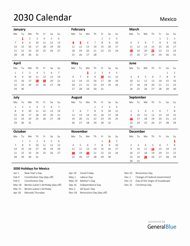 Standard Holiday Calendar for 2030 with Mexico Holidays