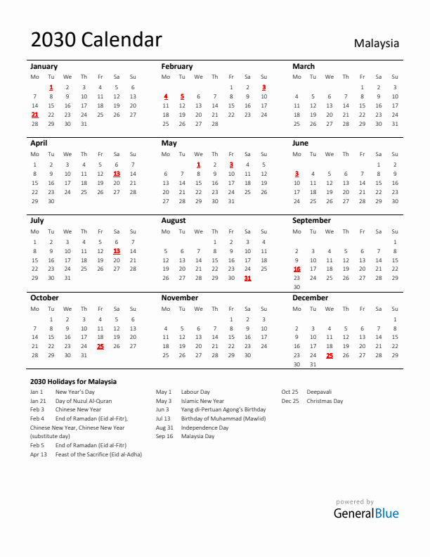 Standard Holiday Calendar for 2030 with Malaysia Holidays 