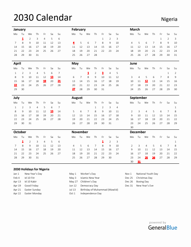 Standard Holiday Calendar for 2030 with Nigeria Holidays 