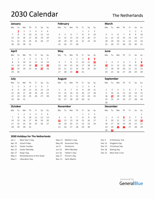 Standard Holiday Calendar for 2030 with The Netherlands Holidays