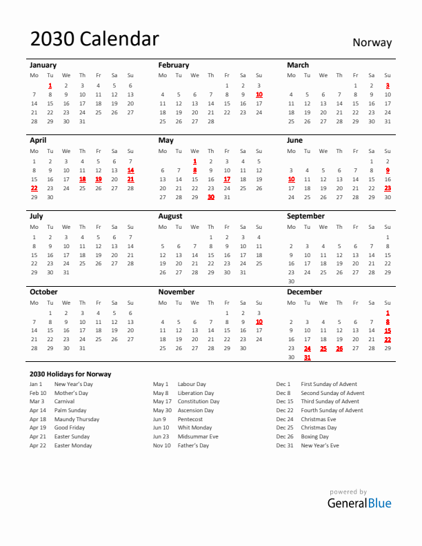 Standard Holiday Calendar for 2030 with Norway Holidays