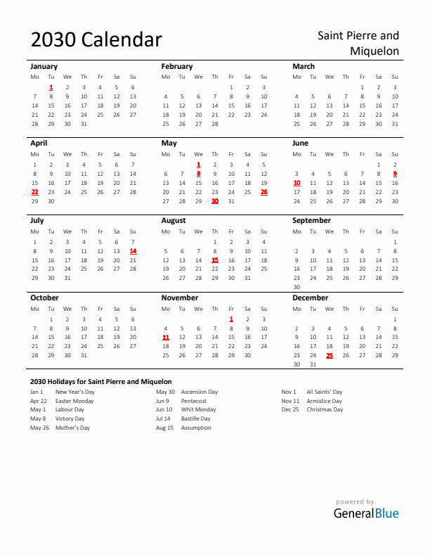 Standard Holiday Calendar for 2030 with Saint Pierre and Miquelon Holidays 