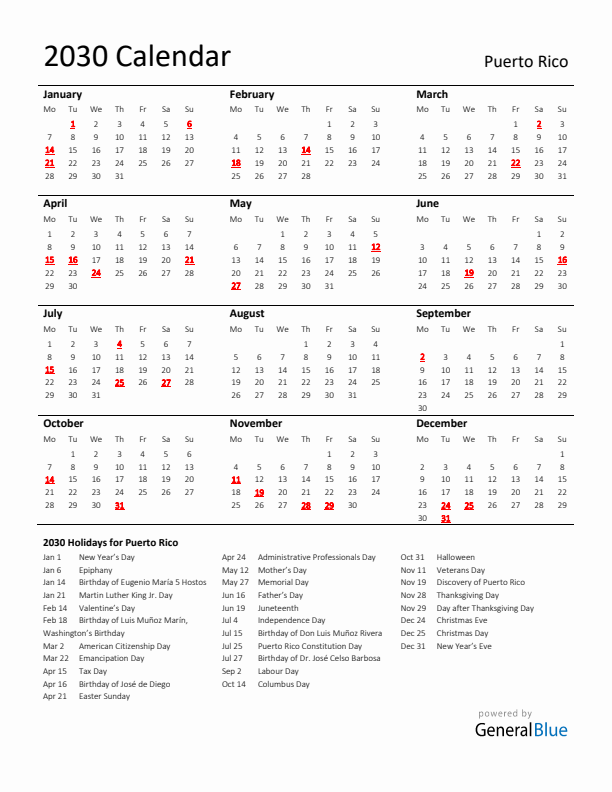 Standard Holiday Calendar for 2030 with Puerto Rico Holidays 