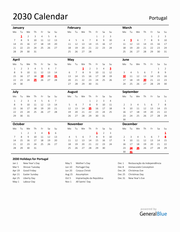 Standard Holiday Calendar for 2030 with Portugal Holidays