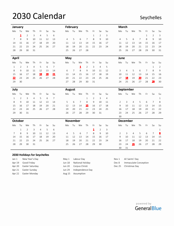 Standard Holiday Calendar for 2030 with Seychelles Holidays 