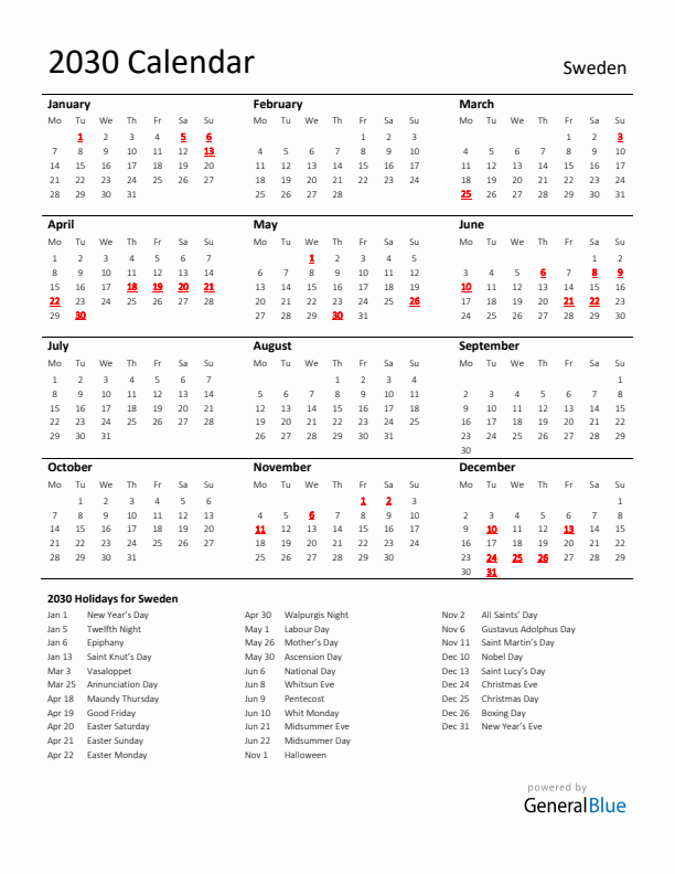 Standard Holiday Calendar for 2030 with Sweden Holidays