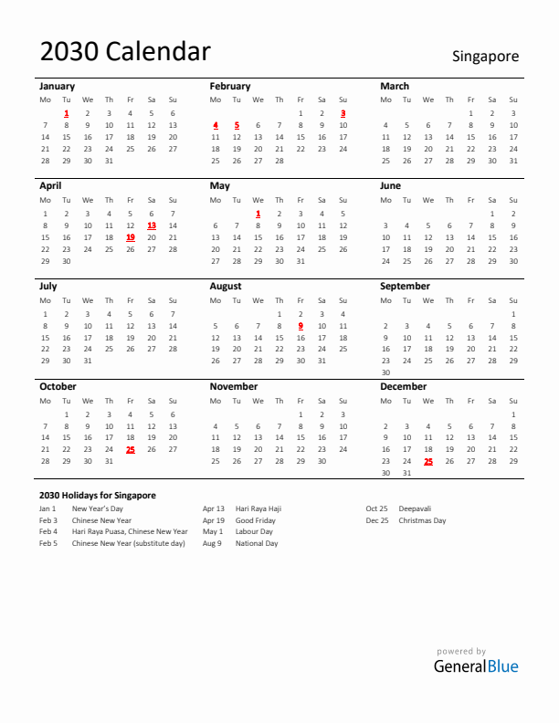 Standard Holiday Calendar for 2030 with Singapore Holidays