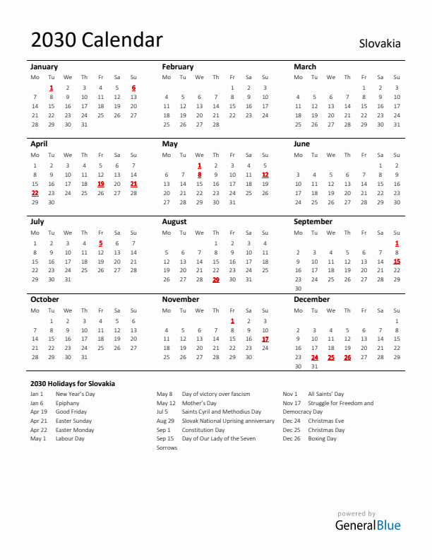 Standard Holiday Calendar for 2030 with Slovakia Holidays