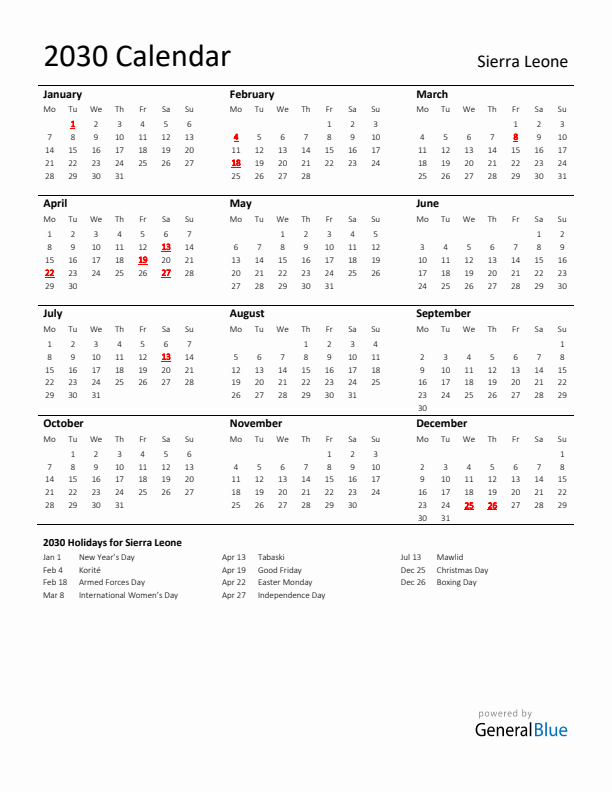 Standard Holiday Calendar for 2030 with Sierra Leone Holidays 