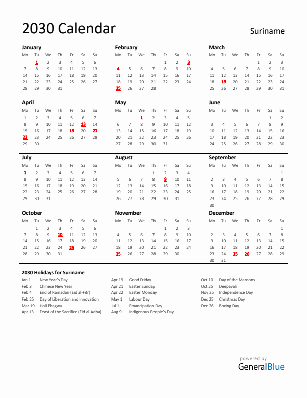 Standard Holiday Calendar for 2030 with Suriname Holidays 