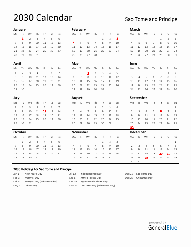Standard Holiday Calendar for 2030 with Sao Tome and Principe Holidays