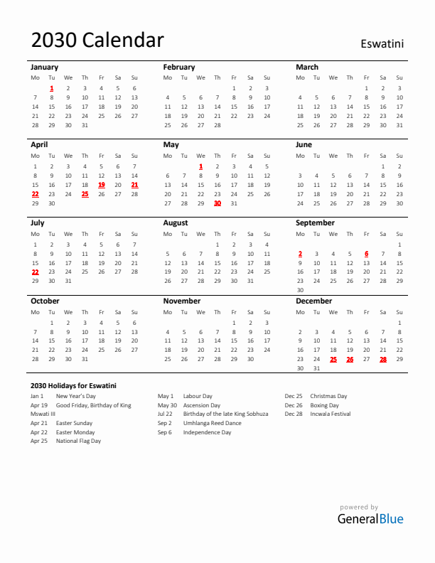 Standard Holiday Calendar for 2030 with Eswatini Holidays 